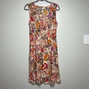 Floral Summer Dress Sz L Cottagecore Prairie Bloomcore Smocked Waist Ruffle Hem